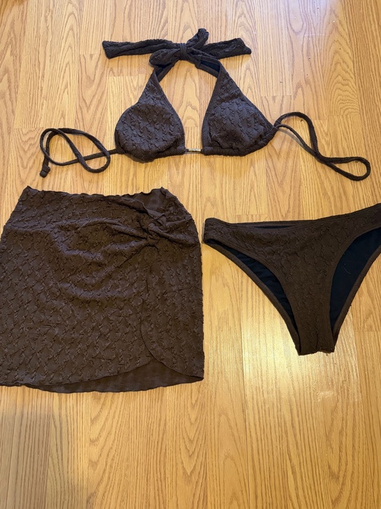 Cupshe Other - Brown Crochet Bikini Set with Skirt Cover-Up